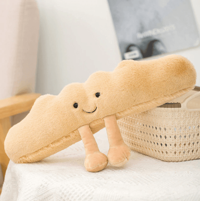 Croissant-plysdyr, blød krammeven til børn og voksne, brun og creme, håndlavet