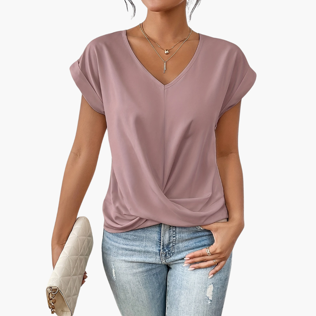 Dame-t-shirt med V-udskæring og twist foran