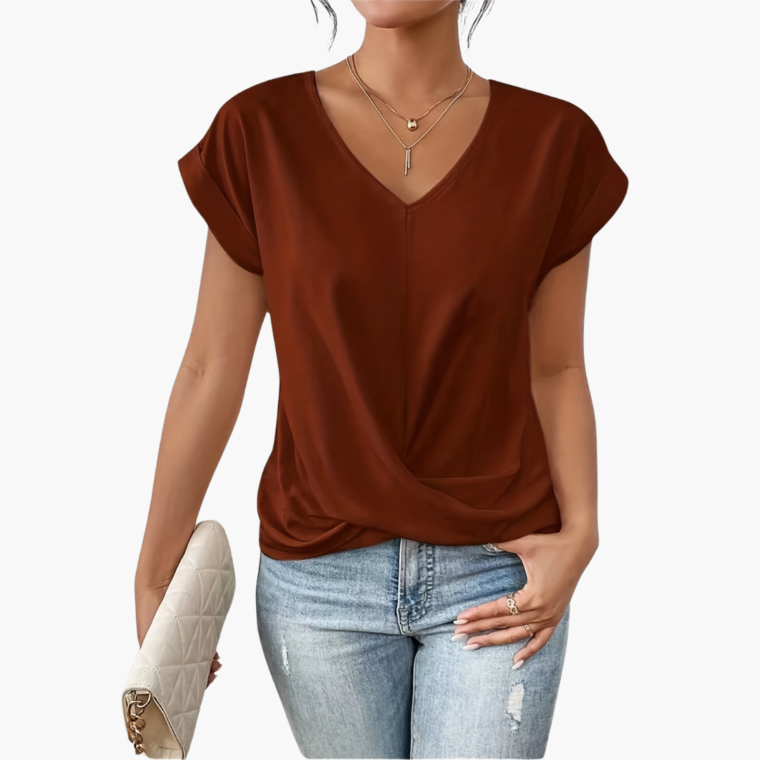 Dame-t-shirt med V-udskæring og twist foran
