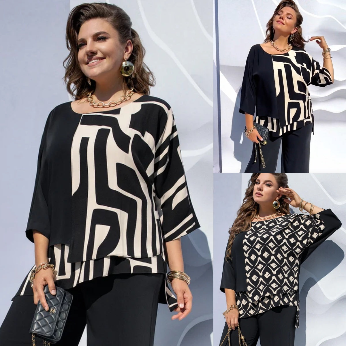 Damebluse med grafisk print i lag
