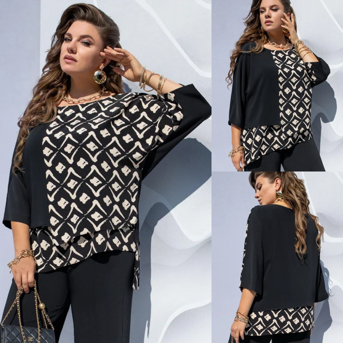Damebluse med grafisk print i lag