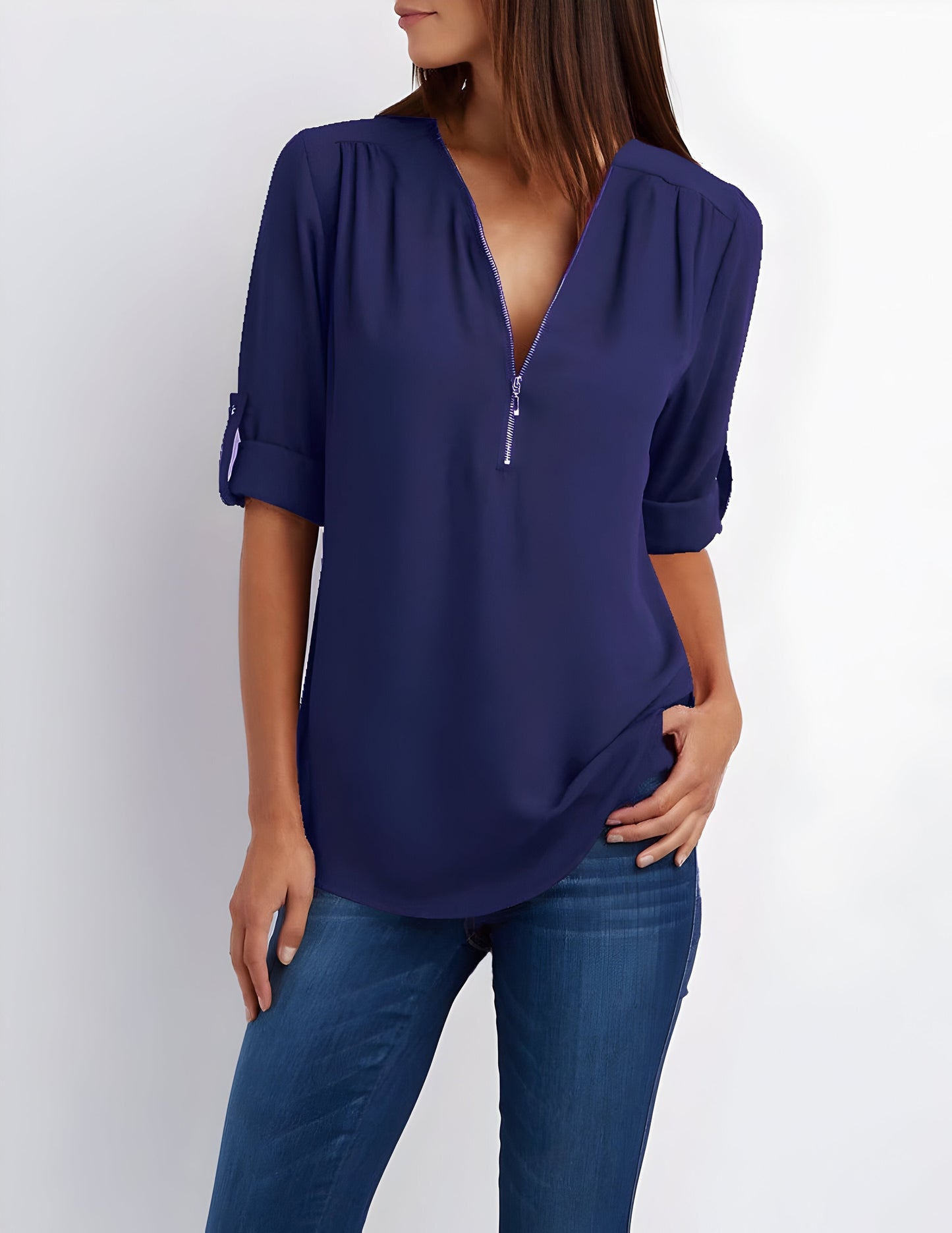 Damebluse med lynlås foran