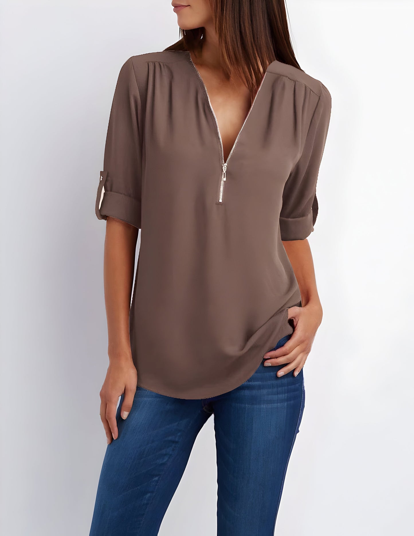 Damebluse med lynlås foran