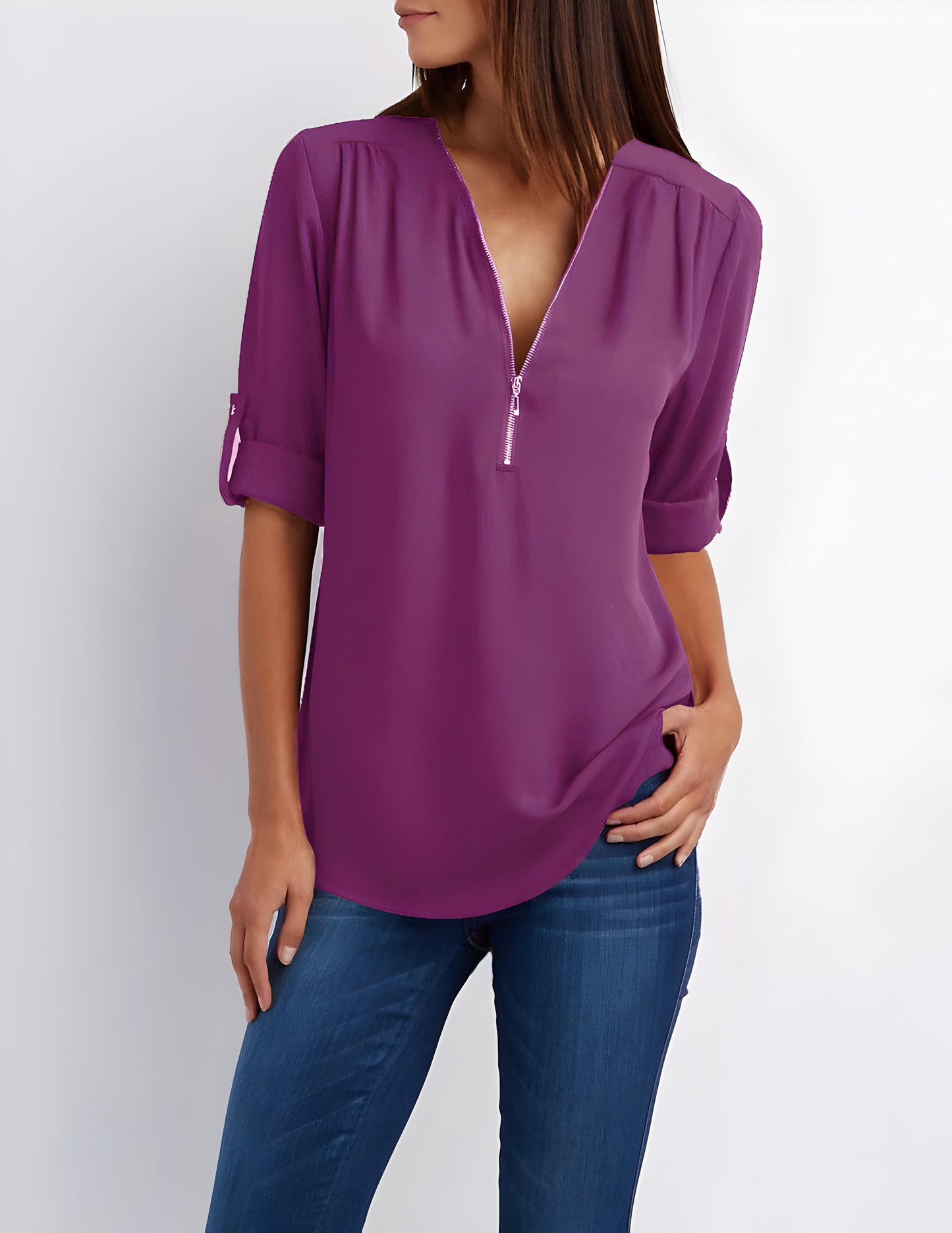 Damebluse med lynlås foran