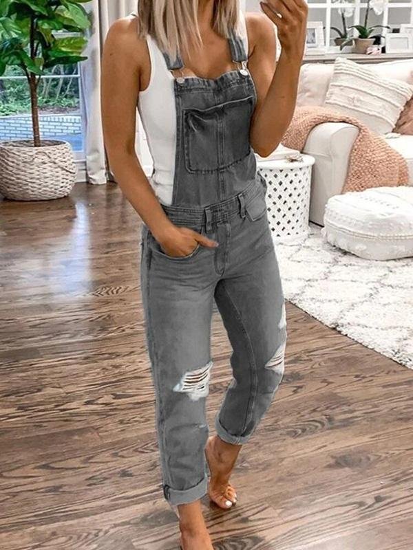 Denimsmækbukser i relaxed fit med huller til damer