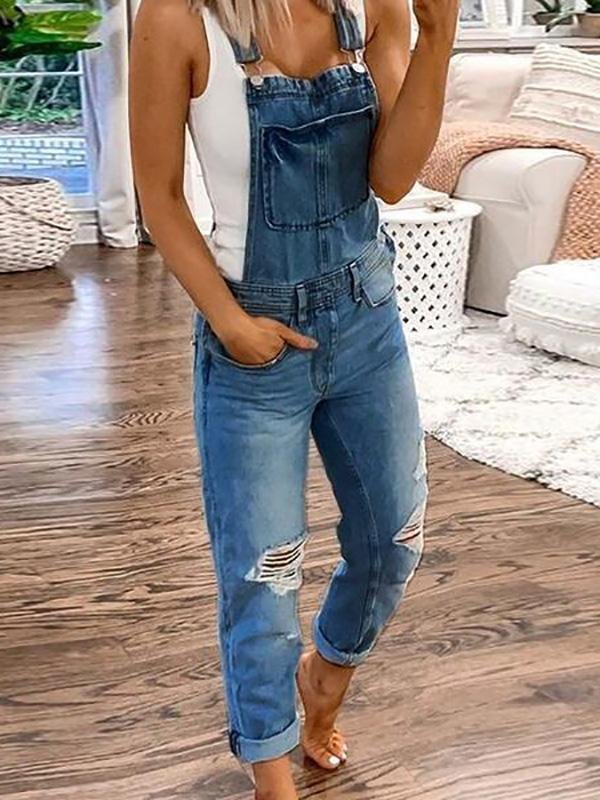 Denimsmækbukser i relaxed fit med huller til damer