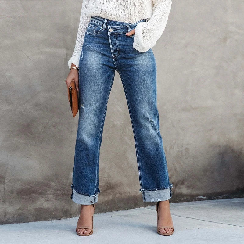 Distressed straight leg-jeans til damer