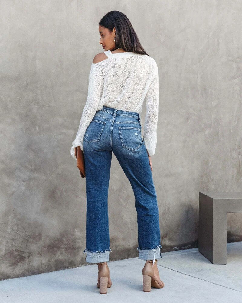 Distressed straight leg-jeans til damer