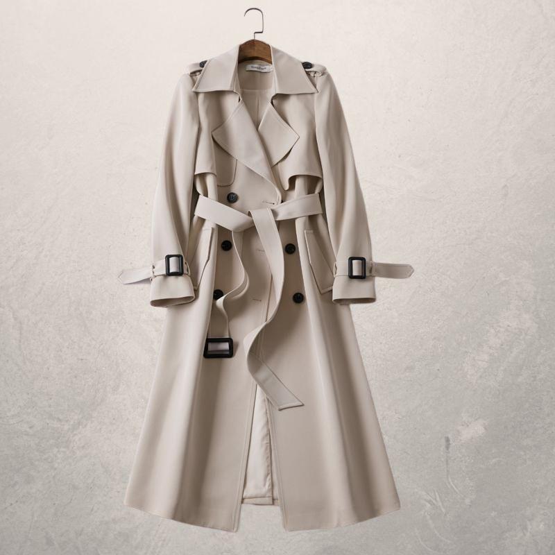 Lang dobbeltradet trenchcoat med skulderstropper til damer