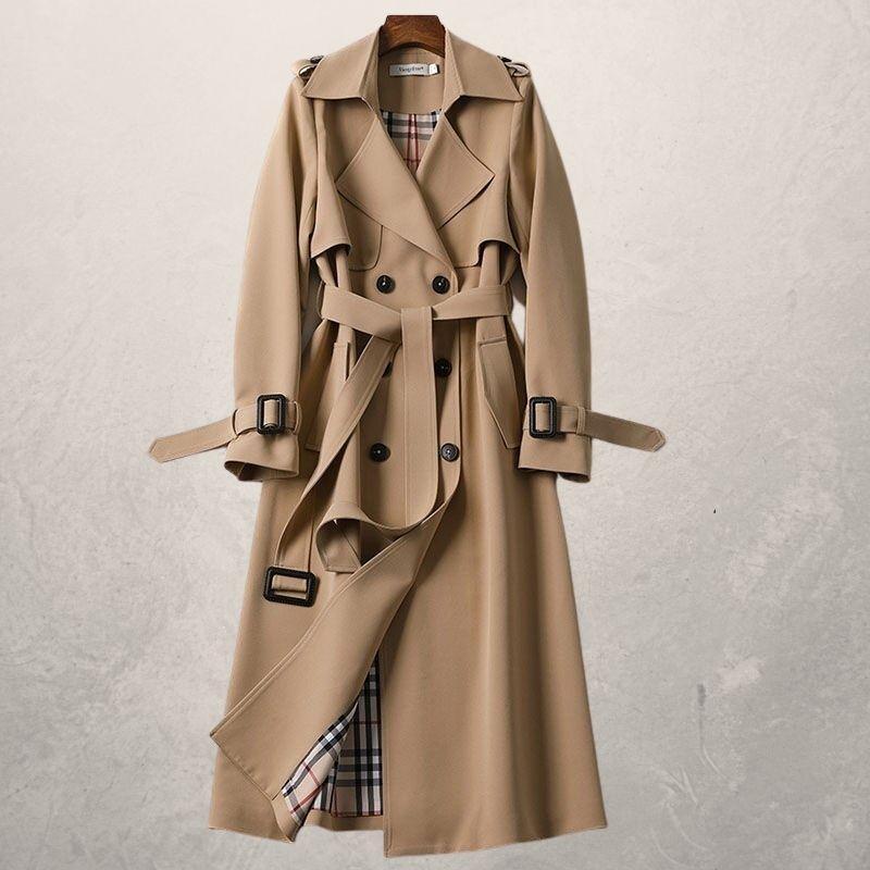 Lang dobbeltradet trenchcoat med skulderstropper til damer