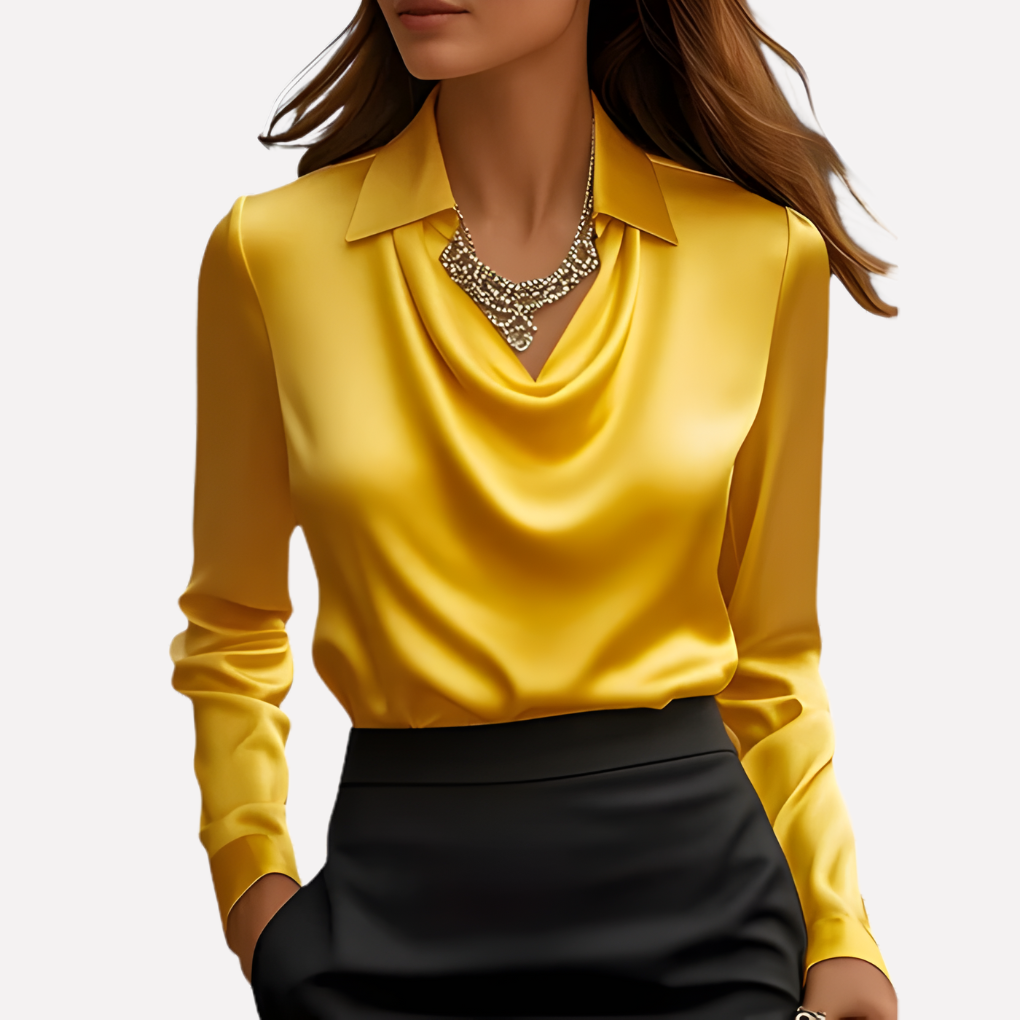 Elegant satinbluse med draperet halsudskæring til damer