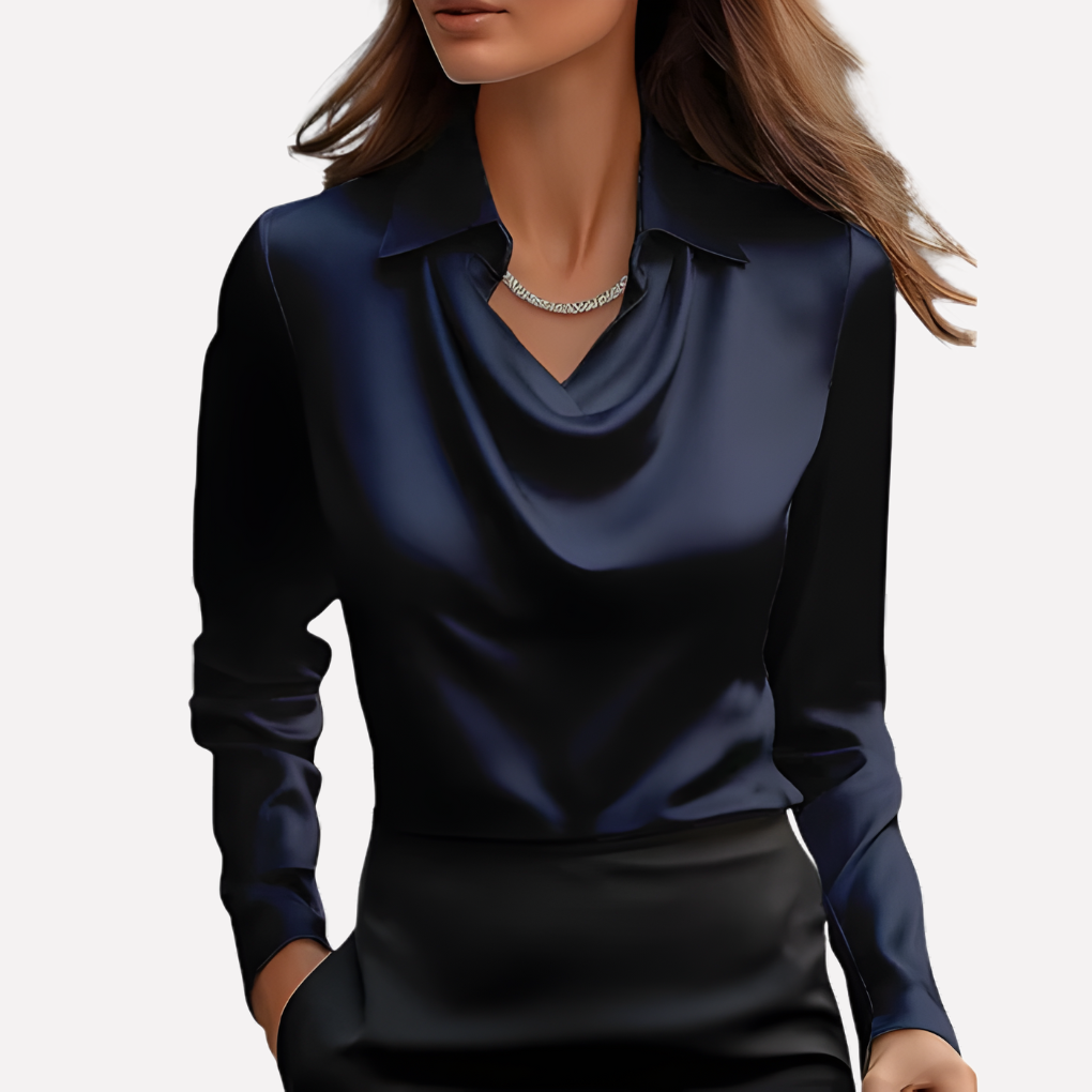 Elegant satinbluse med draperet halsudskæring til damer