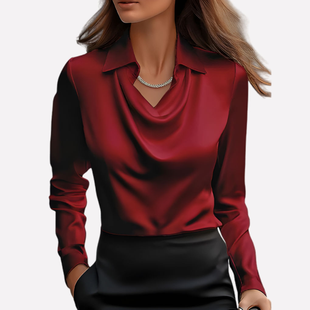 Elegant satinbluse med draperet halsudskæring til damer