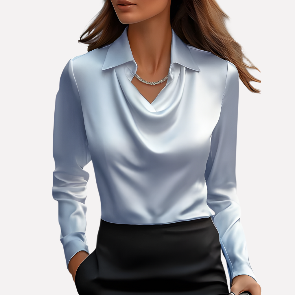 Elegant satinbluse med draperet halsudskæring til damer