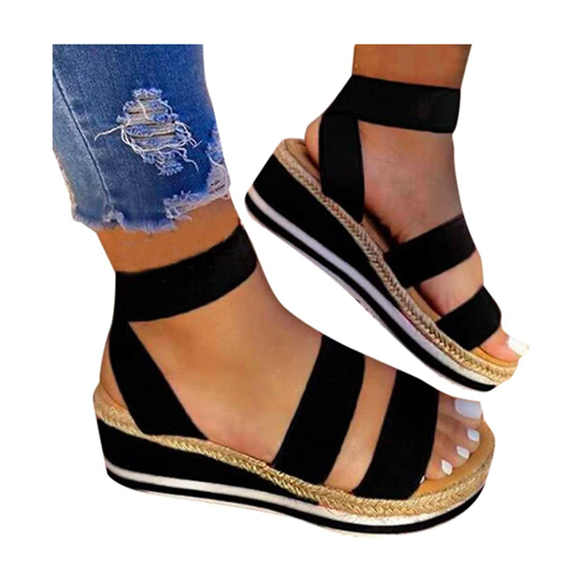 Espadrille-kilesandaler til damer med åben tå og krydsede remme