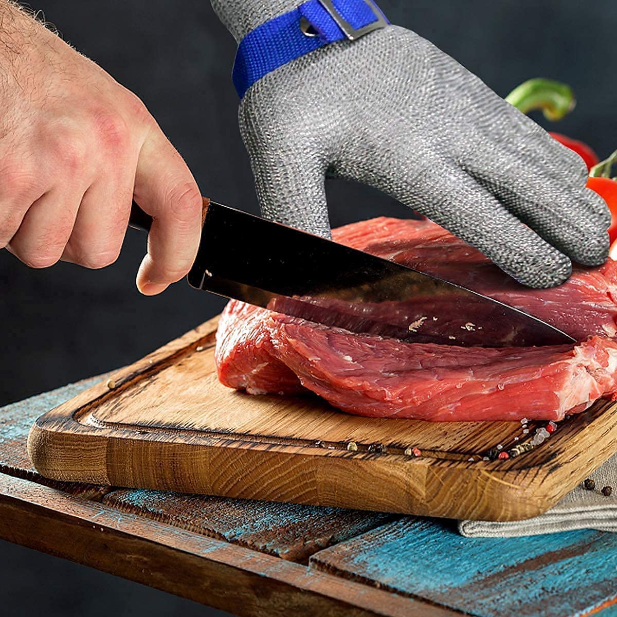 Fødevaresikker skærefast handske i rustfrit stålnet