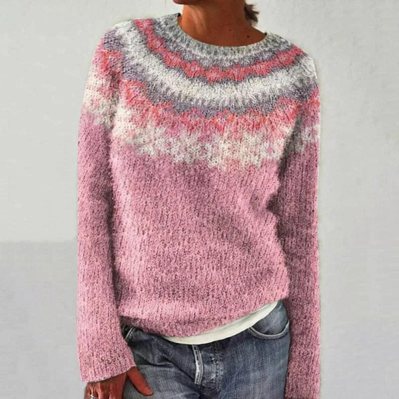Fair Isle-strikket sweater med rund hals til damer