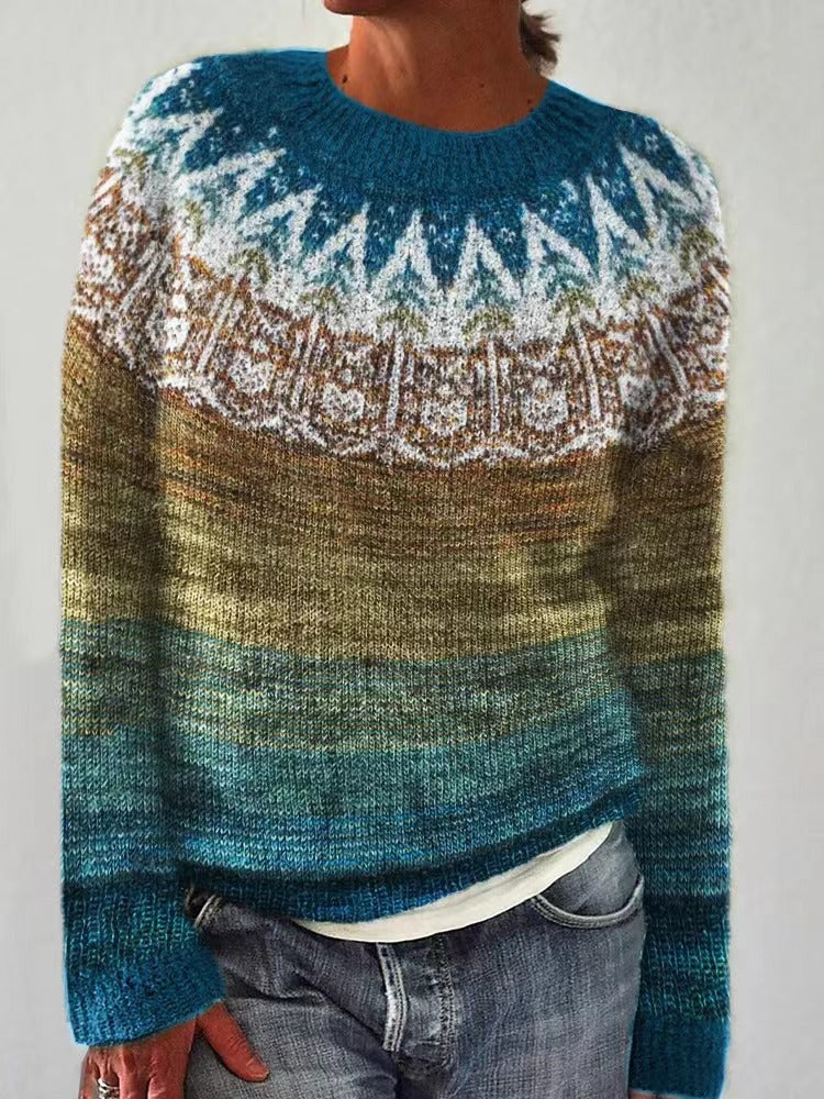 Fair Isle-strikket sweater med rund hals til damer