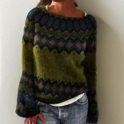Fair Isle-strikket sweater med rund hals til damer