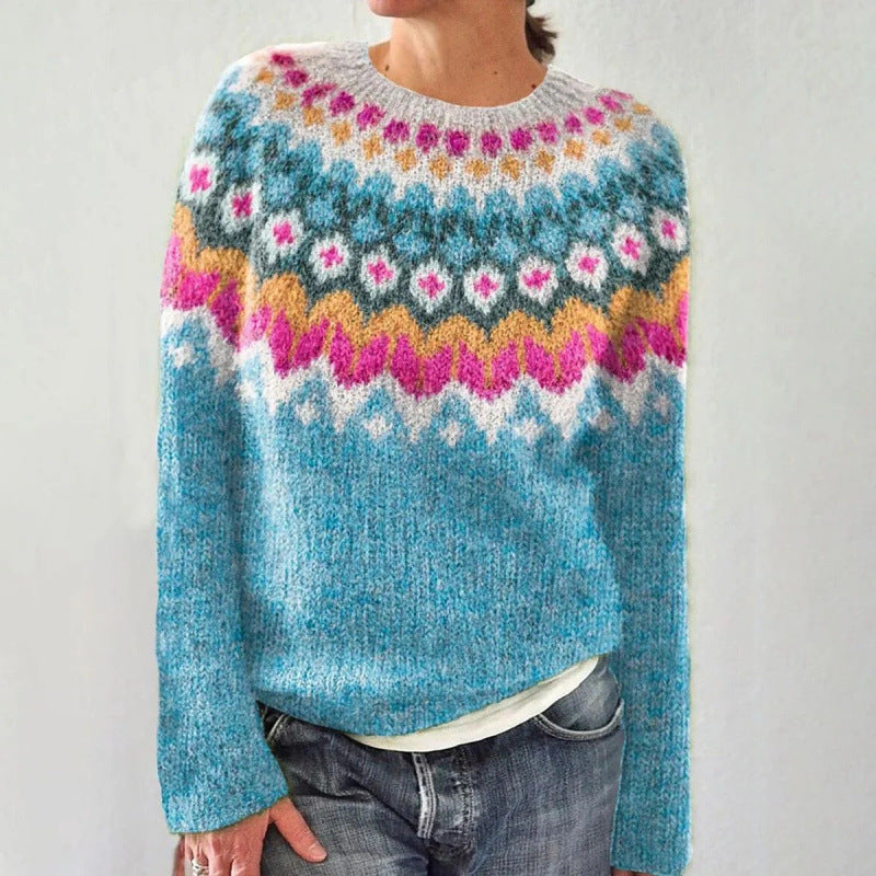 Fair Isle-strikket sweater med rund hals til damer