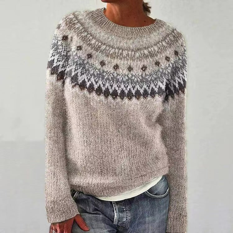 Fair Isle-vinterstriktrøje med rund hals til damer