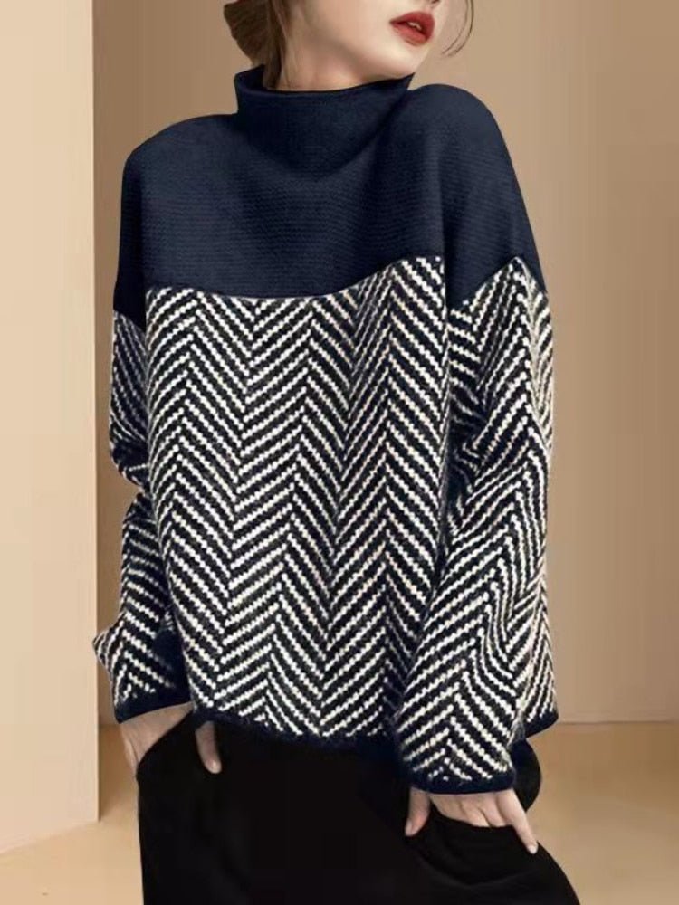Farveblokeret rullekrave-sweater til damer