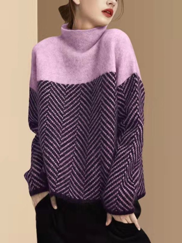 Farveblokeret rullekrave-sweater til damer