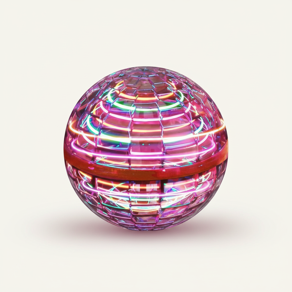 Flyvende orb-bold | Aerodynamisk flyvespinner med LED-effekter | 360° rotation og boomerangfunktion | Stødsikkert kabinet og USB-hurtigopladning