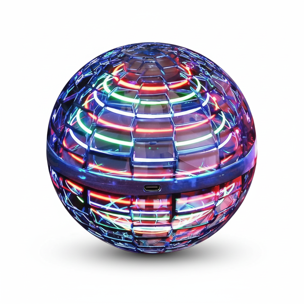 Flyvende orb-bold | Aerodynamisk flyvespinner med LED-effekter | 360° rotation og boomerangfunktion | Stødsikkert kabinet og USB-hurtigopladning