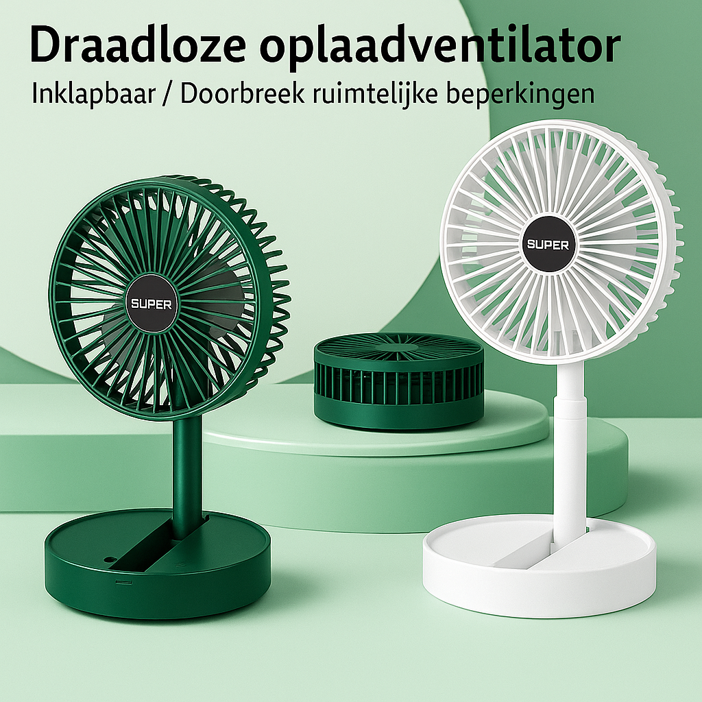 Genopladelig ventilator - vippebar og kraftfuld
