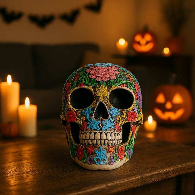 Halloween-kranieskulptur i resin til dekoration