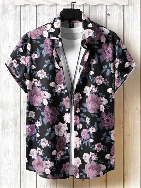Hawaiiskjorte med 3D-blomstermønster i livlig stil til afslappede dage