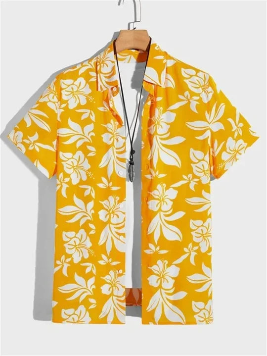 Hawaiiskjorte med 3D-blomstermønster i livlig stil til afslappede dage