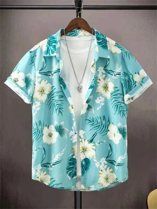Hawaiiskjorte med 3D-blomstermønster i livlig stil til afslappede dage