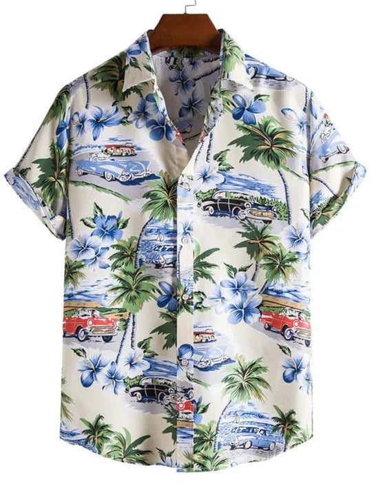 Hawaiiskjorte med 3D-blomstermønster i livlig stil til afslappede dage