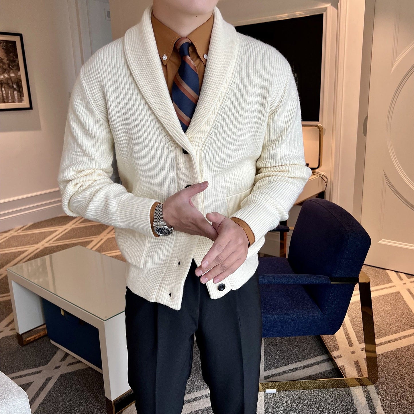 Herrecardigan med sjalskrave