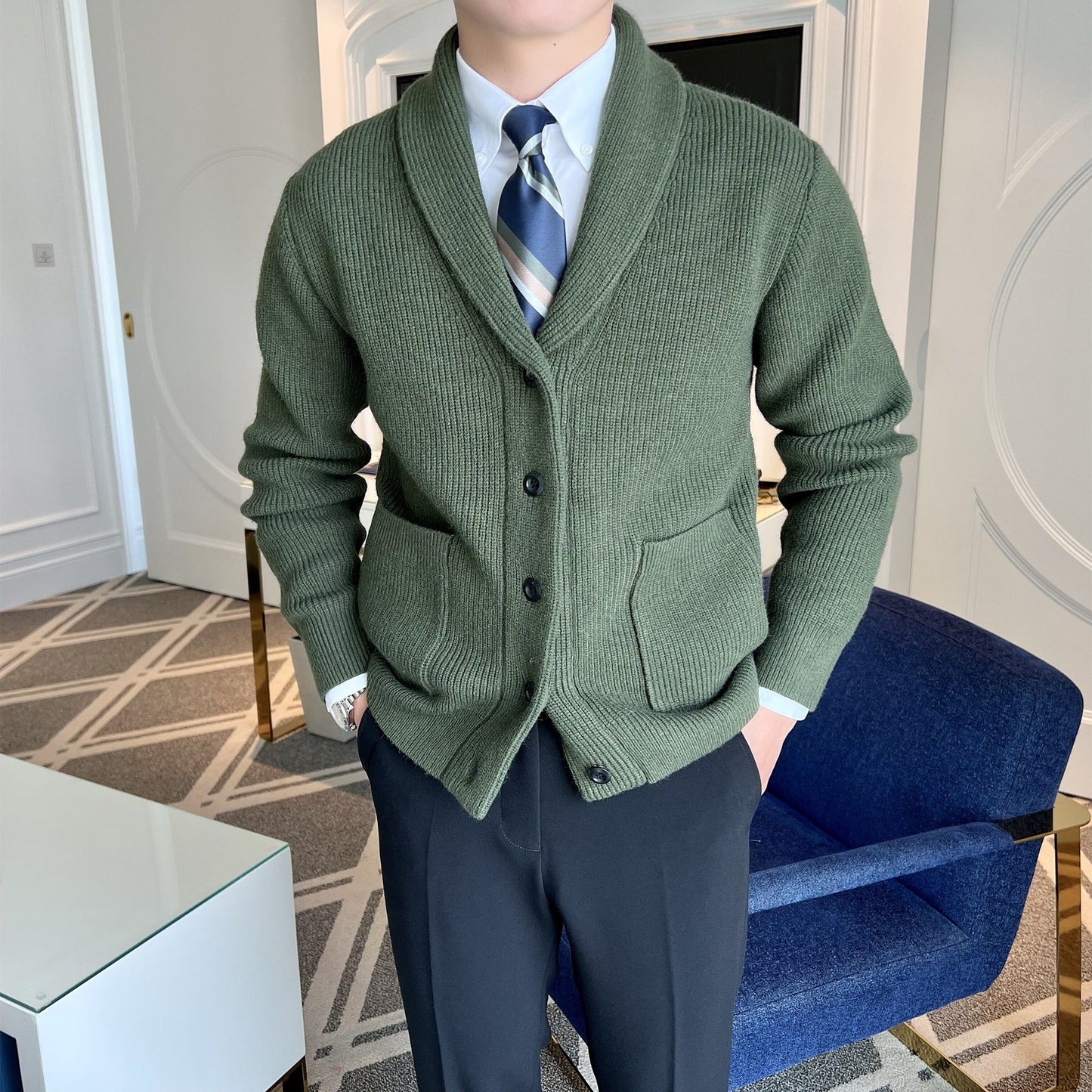 Herrecardigan med sjalskrave