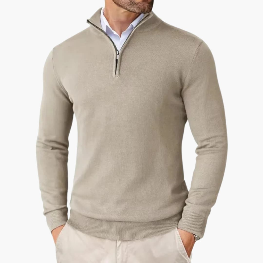 Herrepullover med kort lynlås og ribkant