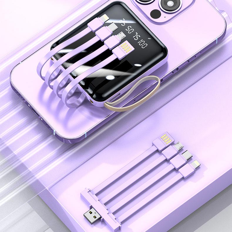Hurtigopladende 20.000 mAh mini powerbank med integrerede kabler