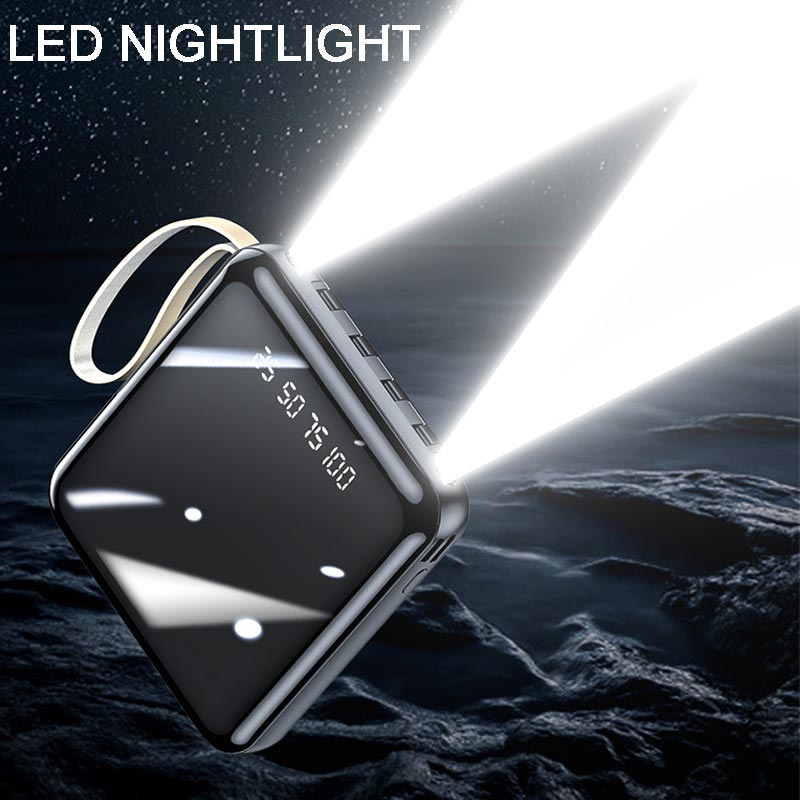 Hurtigopladende 20.000 mAh mini powerbank med integrerede kabler