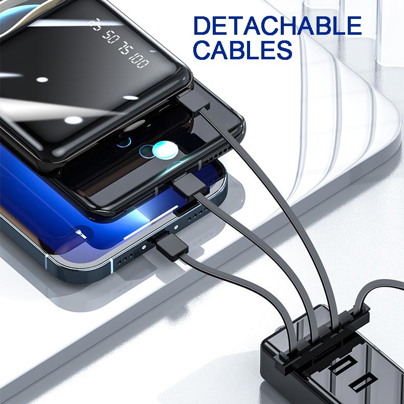 Hurtigopladende 20.000 mAh mini powerbank med integrerede kabler
