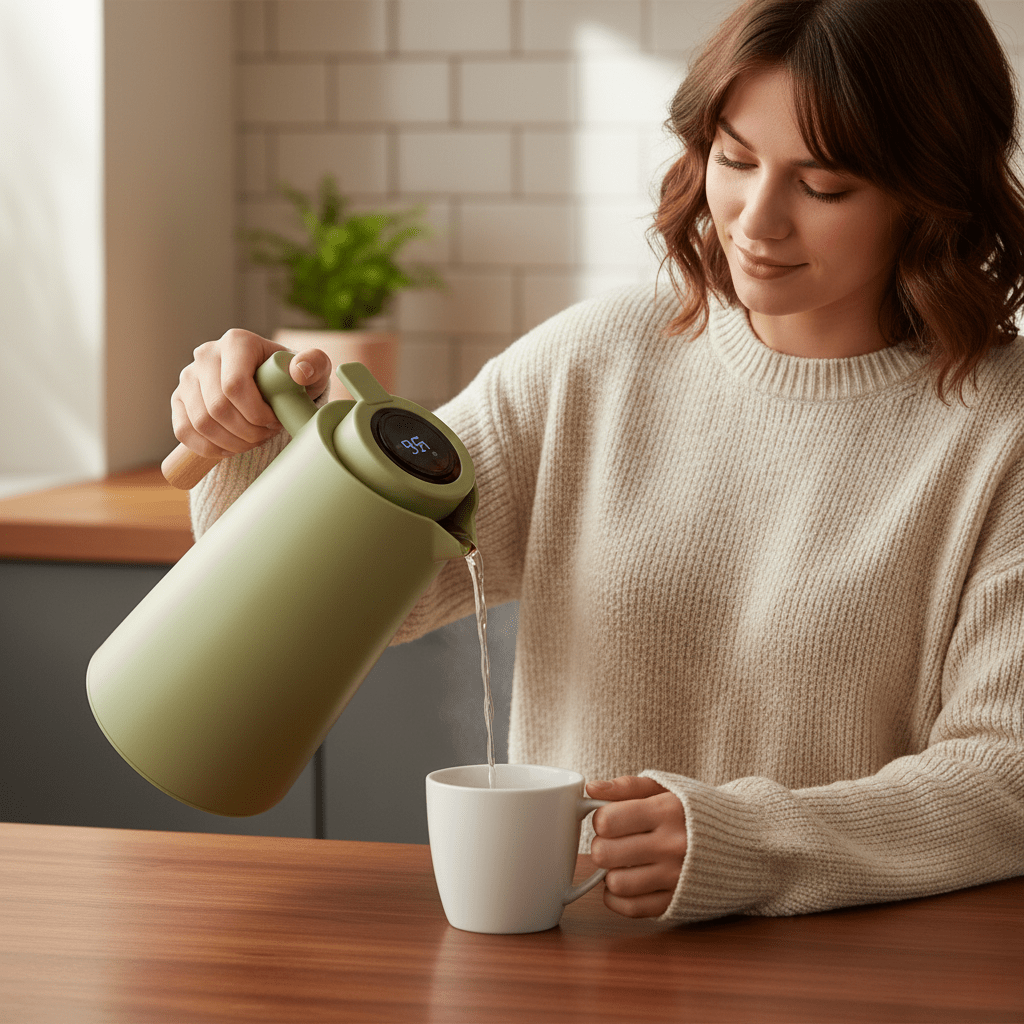 Isoleret termokande i rustfrit stål med termometer – elegant og funktionel 1 L