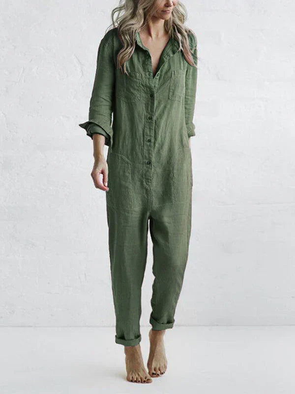 Jumpsuit i hør til damer med knapper foran og afslappet pasform