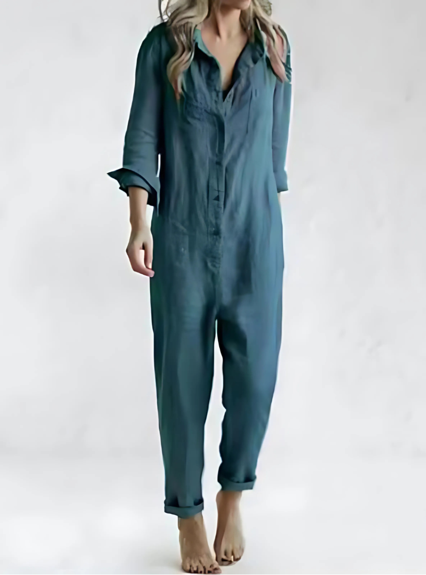 Jumpsuit i hør til damer med knapper foran og afslappet pasform