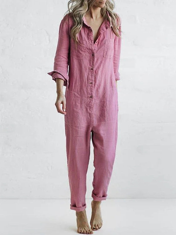 Jumpsuit i hør til damer med knapper foran og afslappet pasform