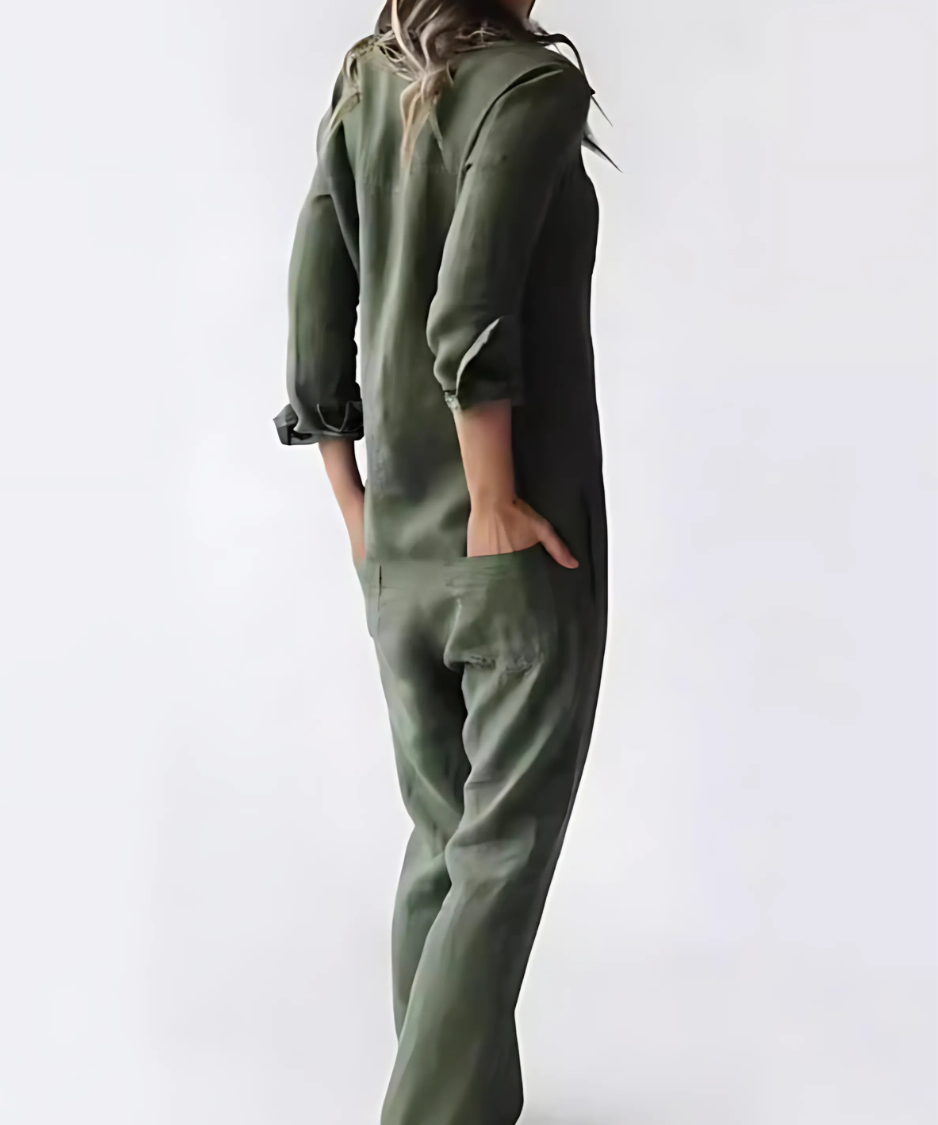 Jumpsuit i hør til damer med knapper foran og afslappet pasform