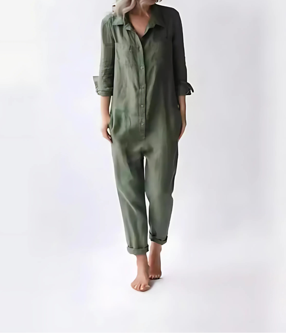 Jumpsuit i hør til damer med knapper foran og afslappet pasform