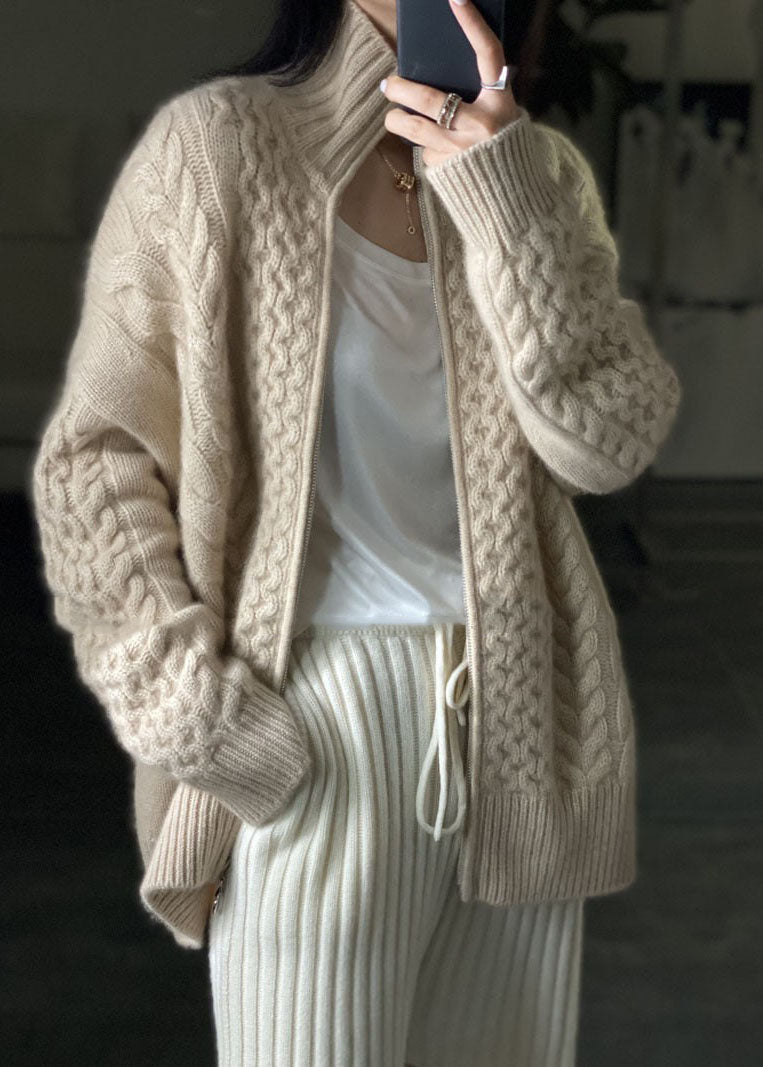 Kabelstrikket cardigan med lynlås til damer