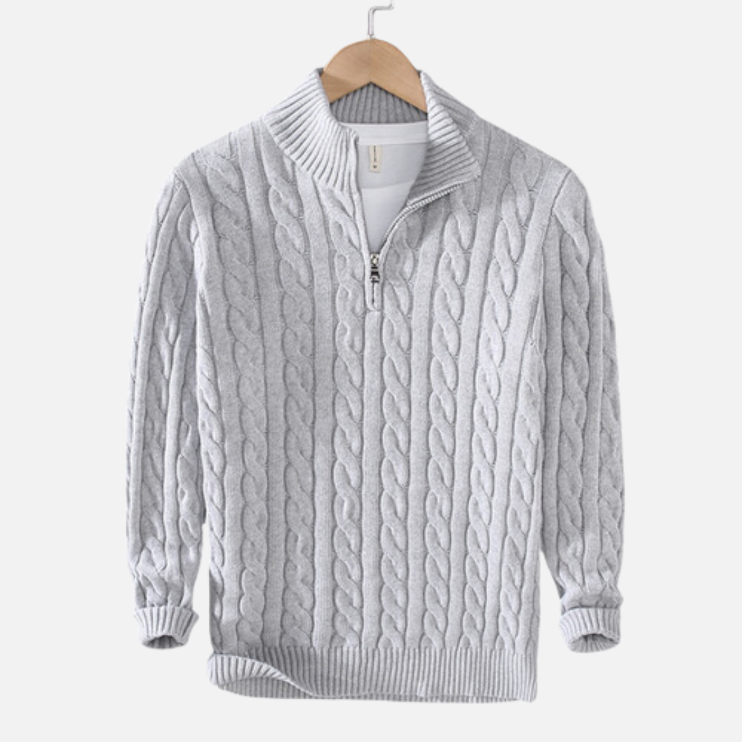 Kabelstrikket herresweater med kort lynlås