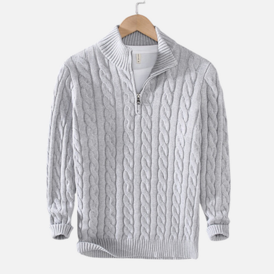 Kabelstrikket herresweater med kort lynlås